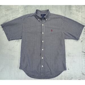 RALPH LAUREN Boys Navy L Gingham Short Sleeve Button Down Shirt Red Pony